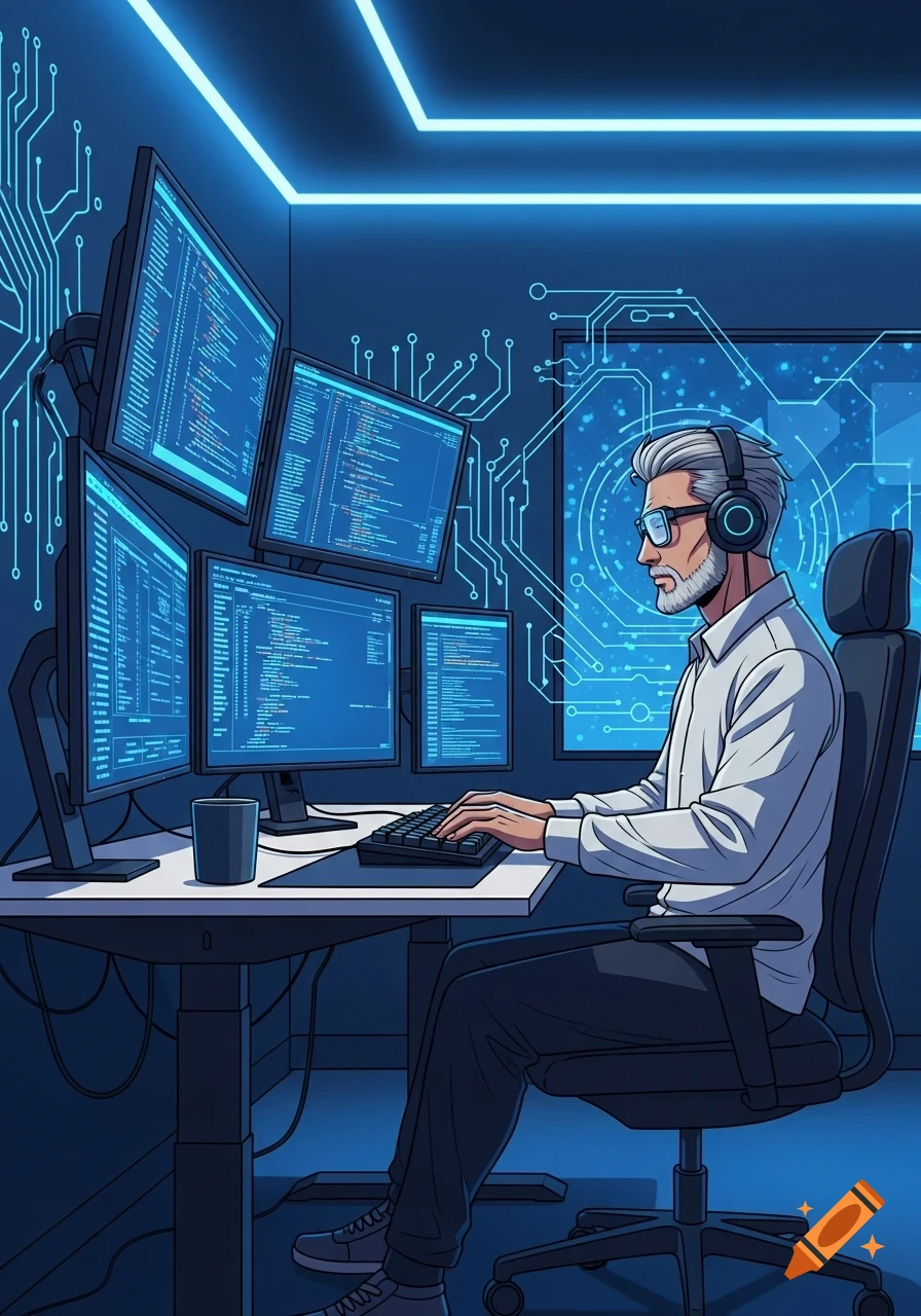 An expert programmer with gray hair and a beard, wearing headphones, typing on a keyboard surrounded by multiple screens displaying blue code in a neon blue-lit, circuit board themed room. Illustrated in a digital art style.