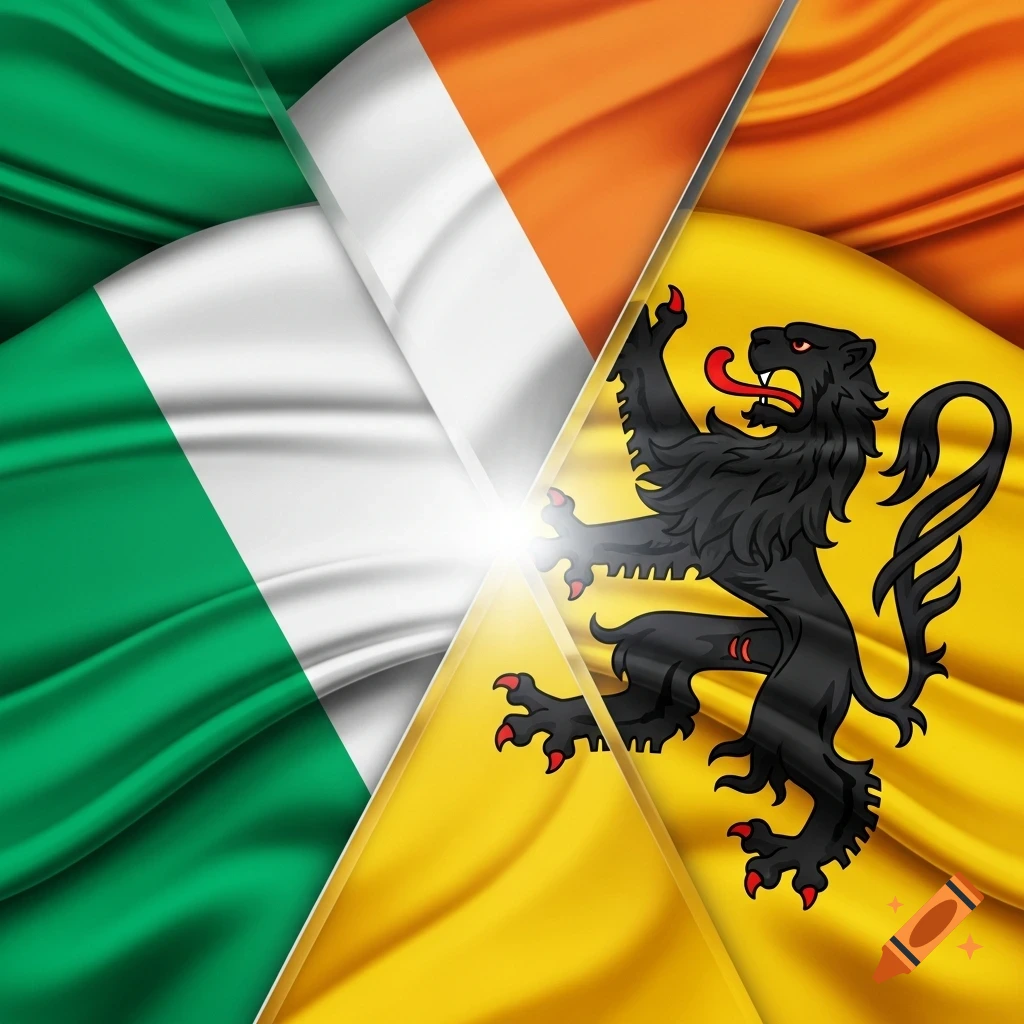 A stylized image of the Irish flag (green, white, orange) crossed with the Flemish flag (yellow with a black rampant lion with red claws and tongue).