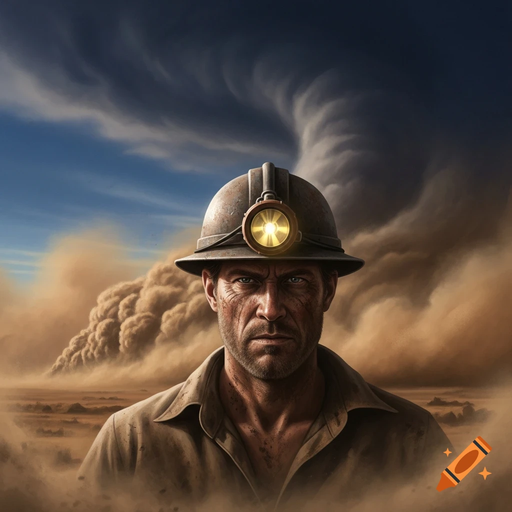 A determined man wearing a miner's hard hat with a headlamp, covered in dirt, stands against a dramatic dust storm and dark, swirling sky.
