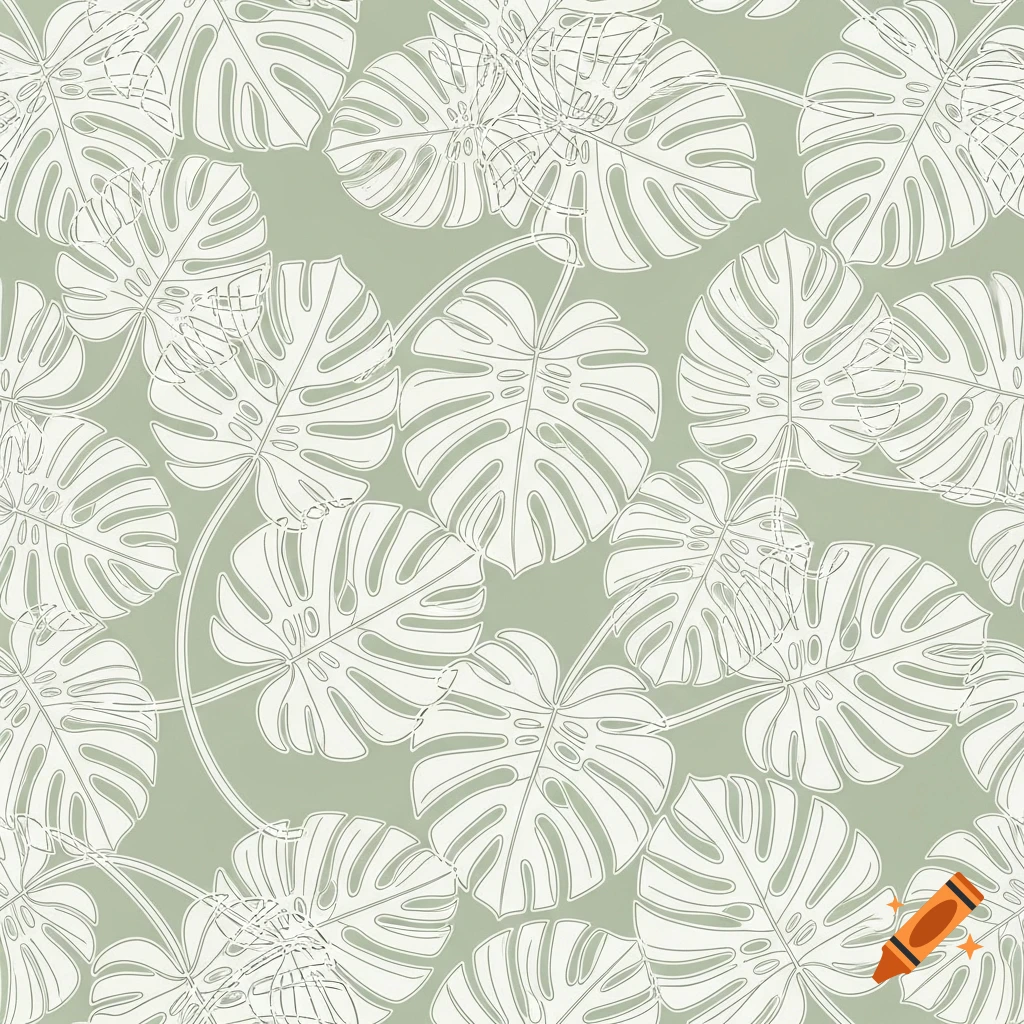 A seamless repeating pattern of white monstera leaf line art on a sage green background.
