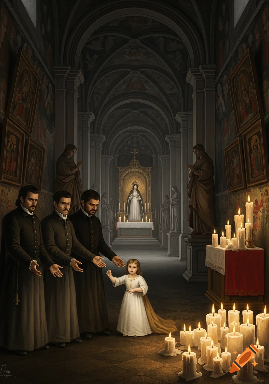 Painterly scene in a dark church where three priests observe a child near many lit candles and a golden altar with a statue.