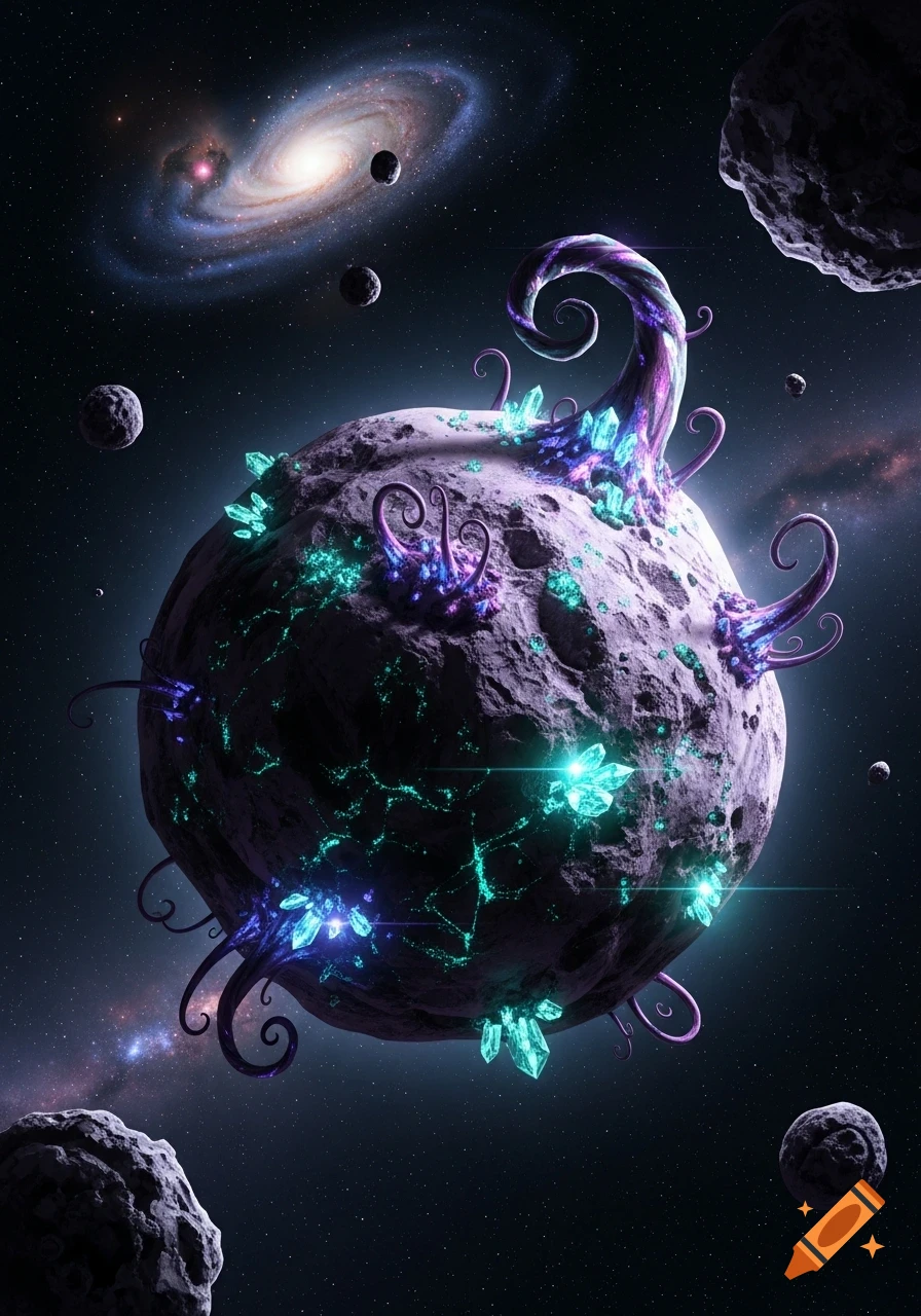 A vibrant, alien planet with glowing teal crystals and purple tendrils floats in dark space with a spiral galaxy.