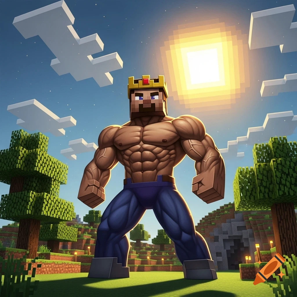 Muscular Minecraft Steve with a crown and blue pants stands heroically in a blocky world under a bright sun.