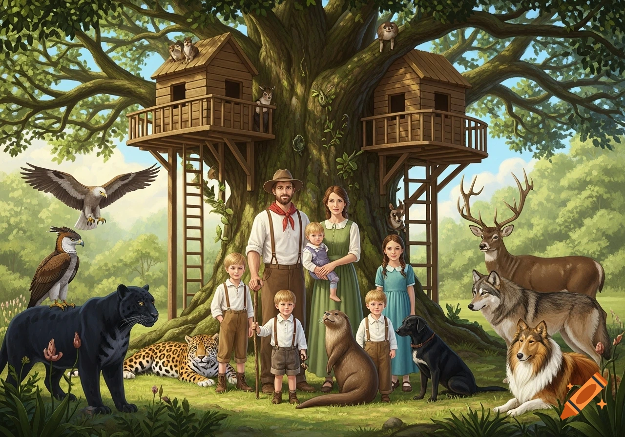 A large family portrait with parents and children, surrounded by various animals like a jaguar, deer, wolf, and eagle, in a magical forest with treehouses in a painterly storybook style.