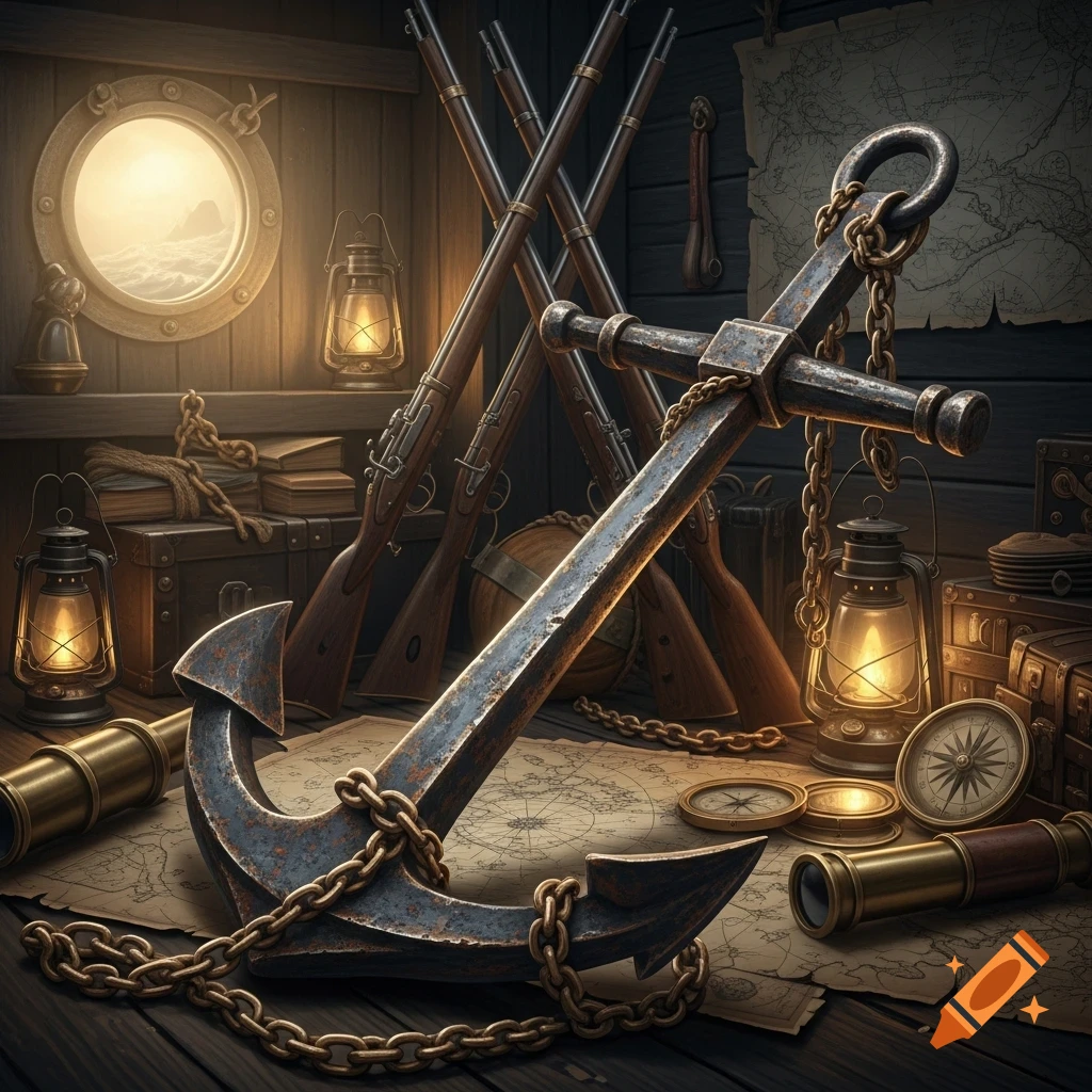 Rusty anchor and chain on a map with muskets, glowing lanterns, compasses, and a porthole looking out to sea in a wooden cabin.