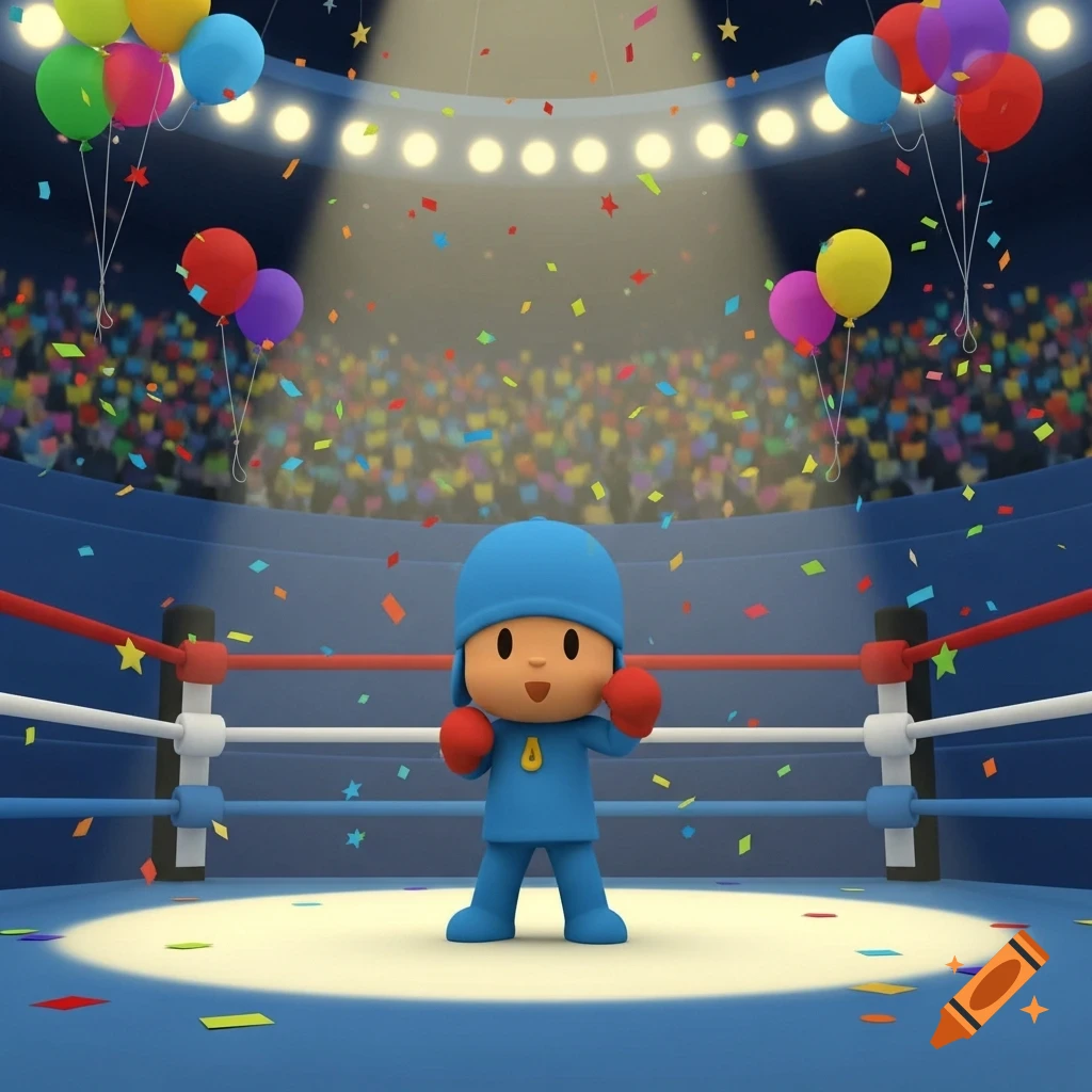 Pocoyo stands in a boxing ring, wearing red boxing gloves, surrounded by confetti and balloons.