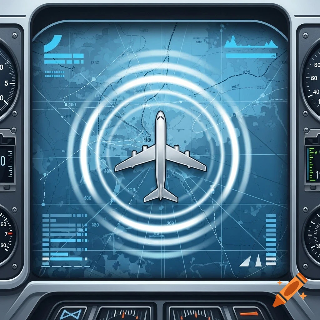 Top-down view of an airplane icon on a blue radar screen with concentric circles, surrounded by flight instruments and data readouts.