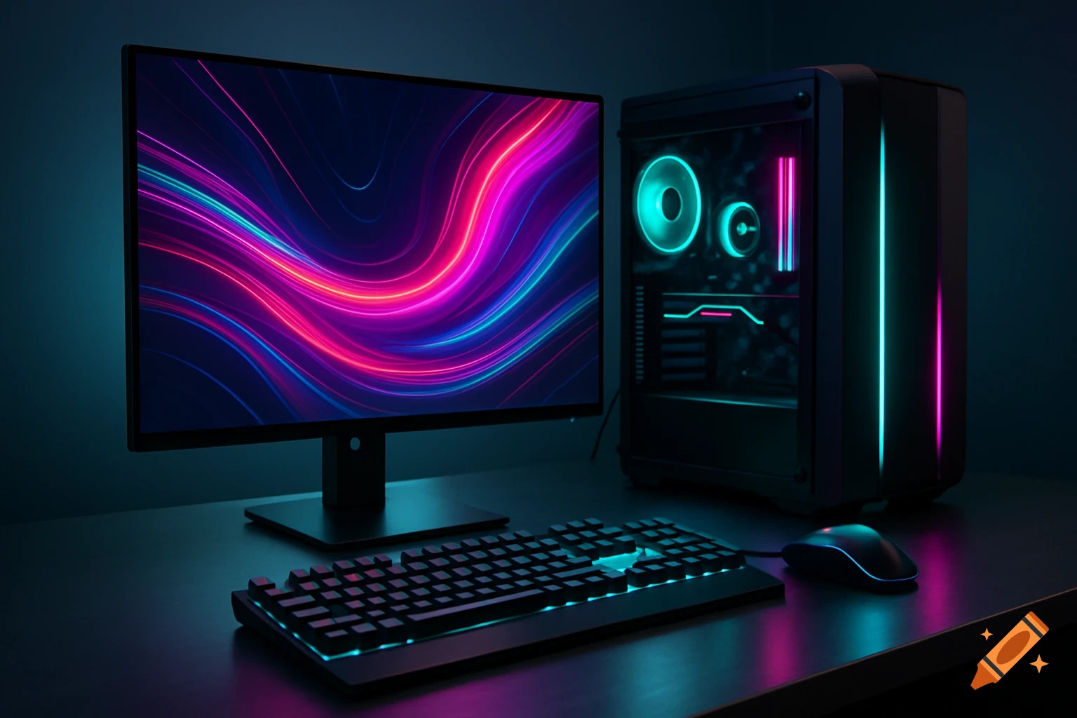 A modern desktop computer setup with a monitor showing vibrant abstract patterns, a glowing neon PC tower, keyboard, and mouse on a dark desk.