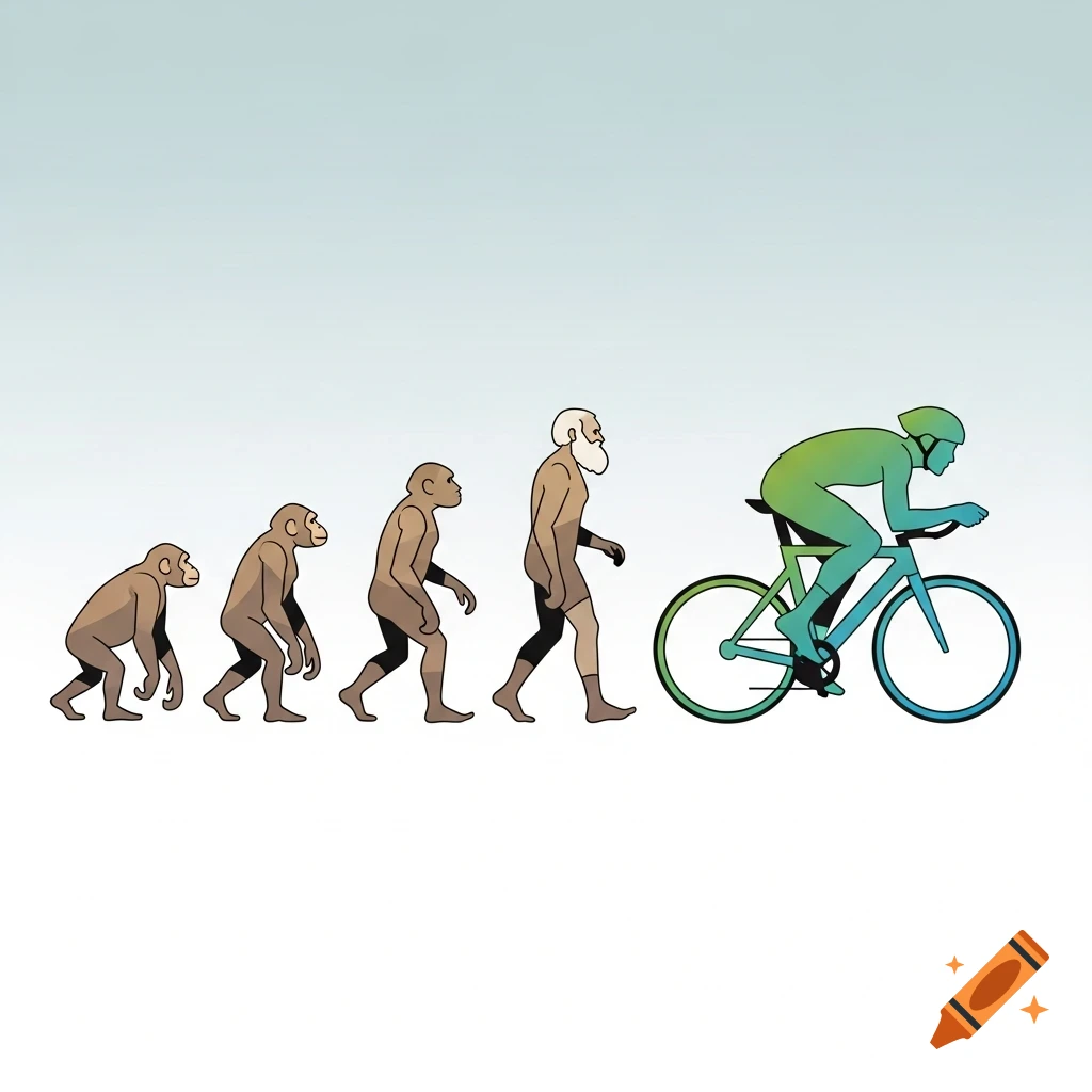 A vector illustration depicting the evolution of man, starting from an ape, progressing through early human forms, and ending with a modern cyclist.