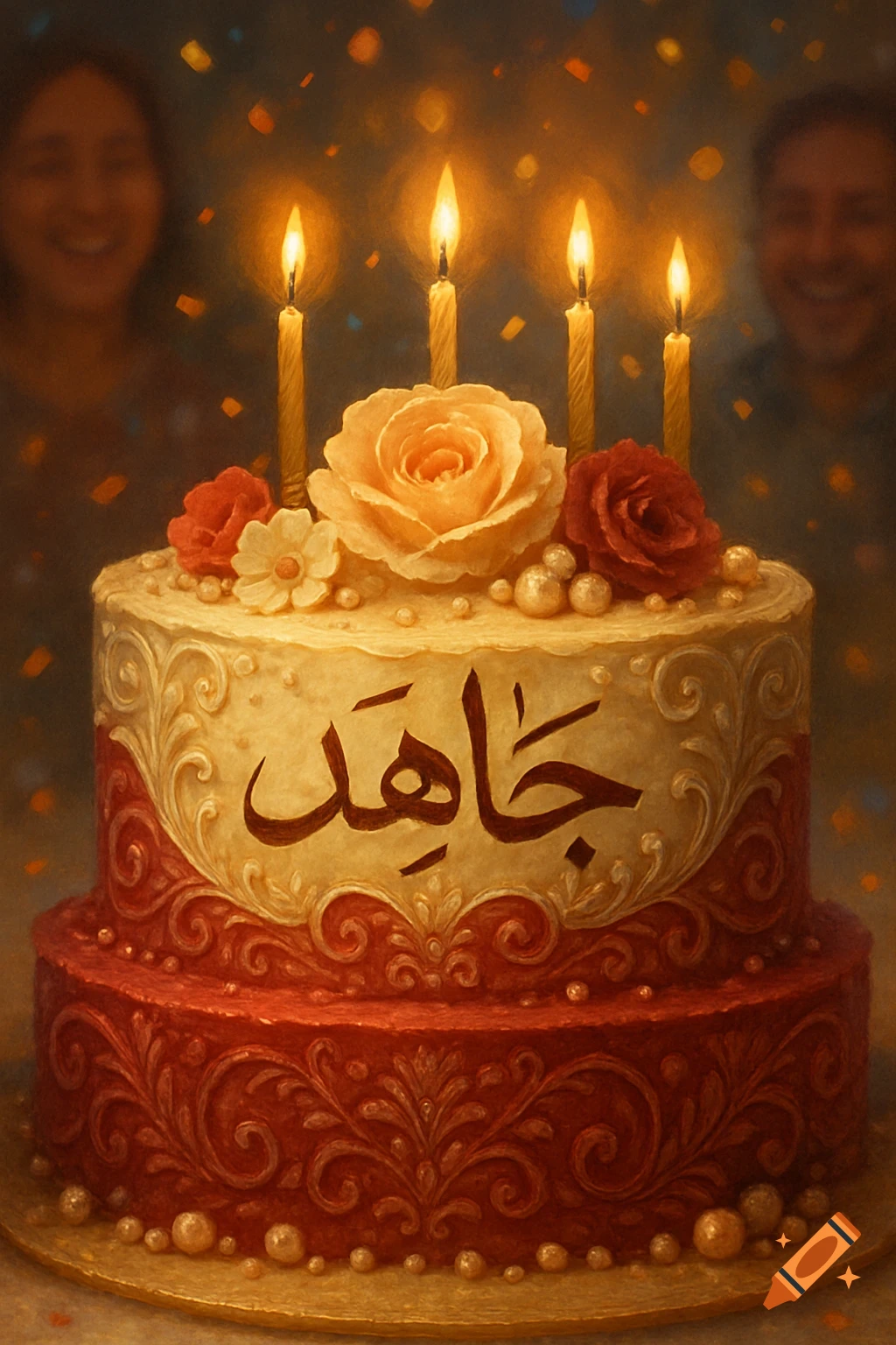A two-tier birthday cake decorated with Arabic script 'Jahed', gold and red frosting, roses, and four lit candles. Blurred smiling faces are in the background.