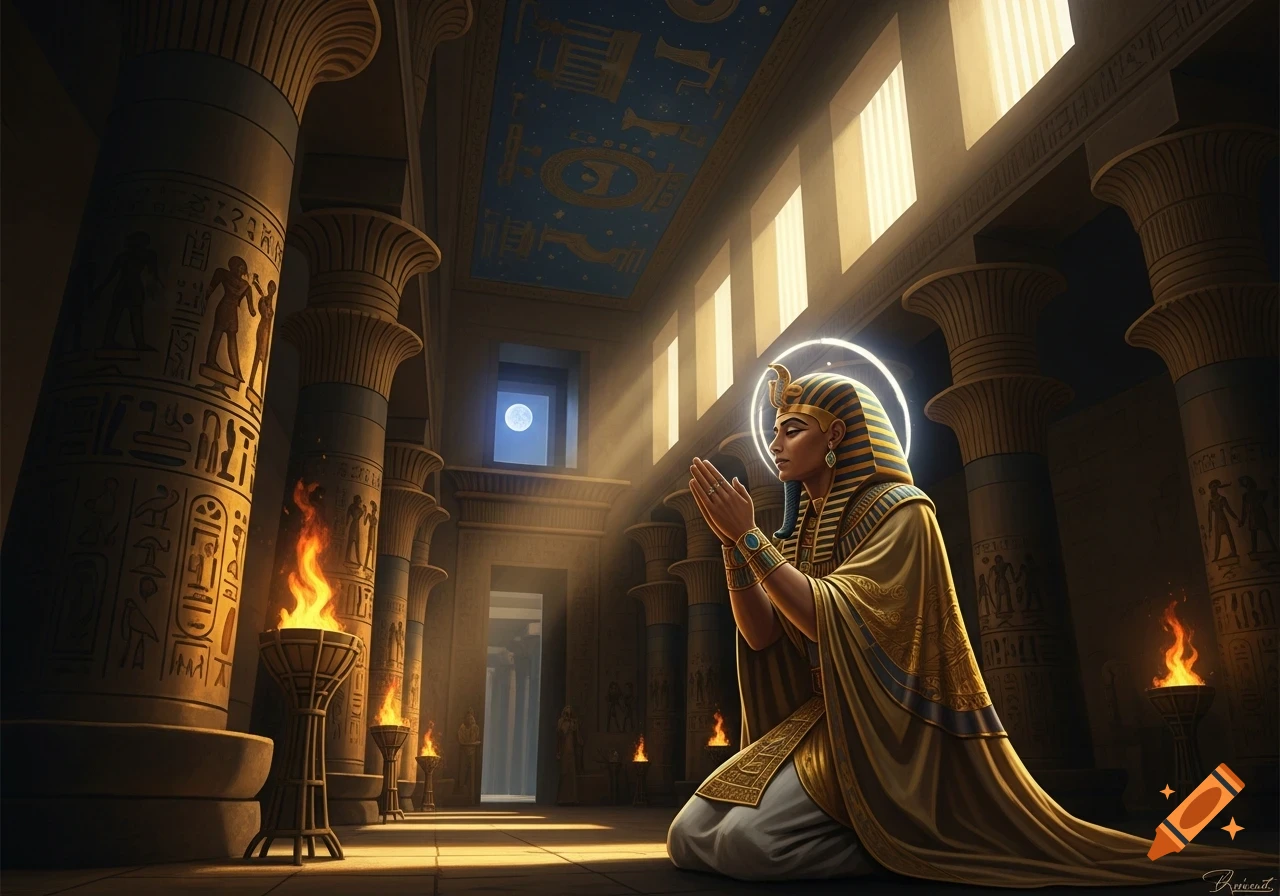 An ancient Egyptian pharaoh, wearing a striped nemes headdress and golden robes, kneels in prayer in a grand temple with hieroglyph-covered pillars and burning torches.