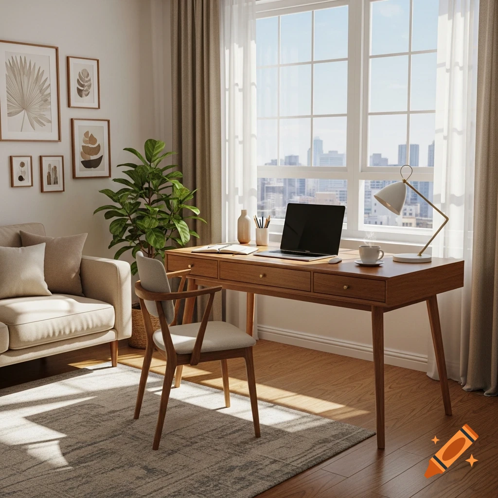 Brightly lit modern home office with a wooden desk, laptop, plant, and beige couch, next to a large window overlooking a city.