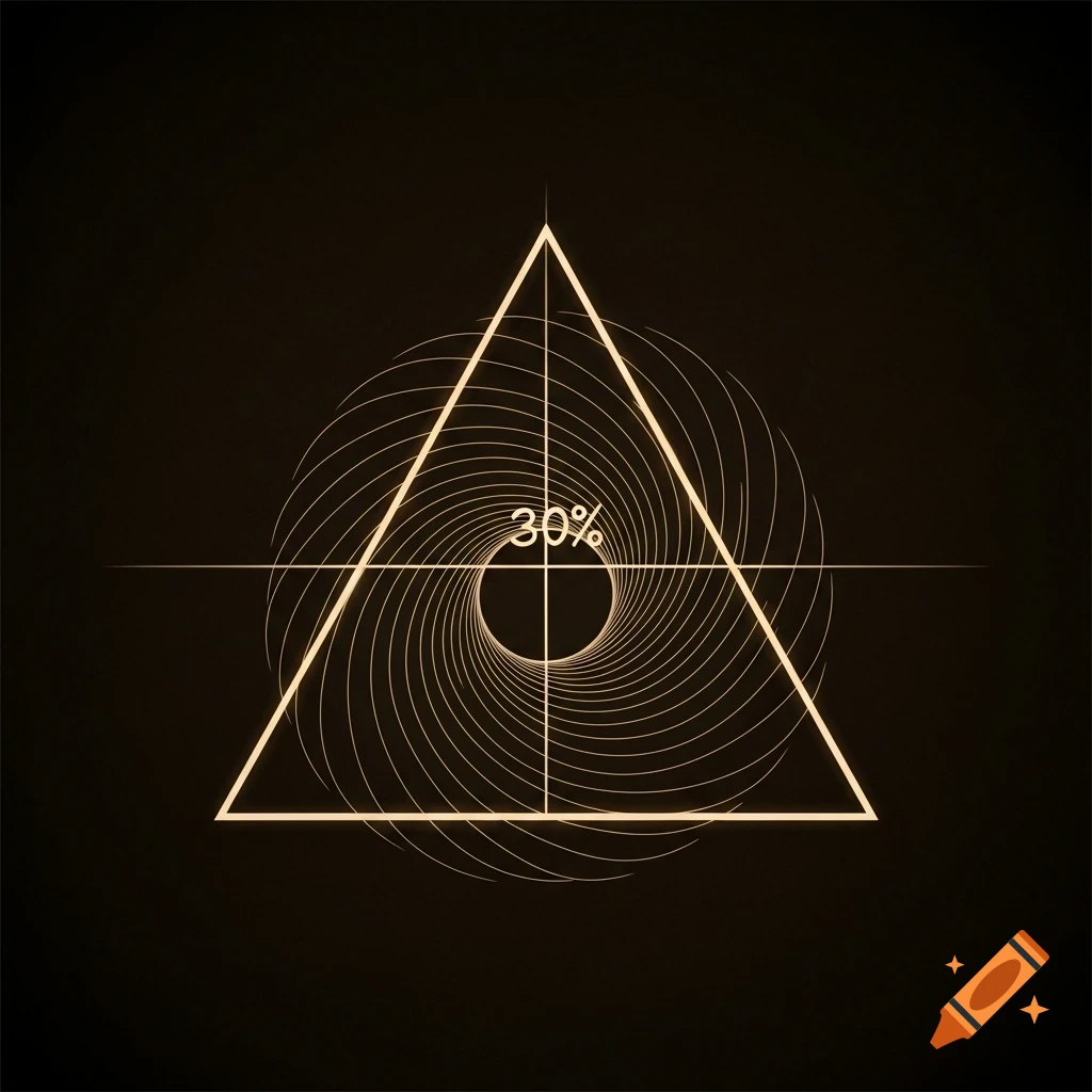 A minimalist sacred geometry design featuring a glowing outline triangle with a spiral pattern inside, centered on "30%" and crosshairs, on a dark background.