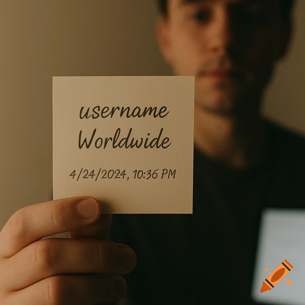 A person's hand holds a piece of paper with 'username Worldwide 4/24/2024, 10:36 PM' written on it, with a blurred figure in the background.
