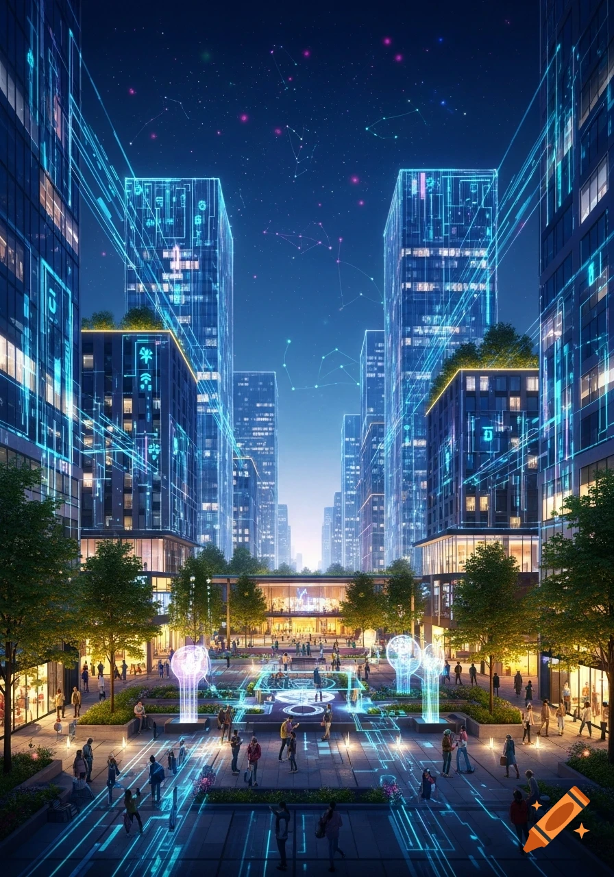 A vibrant, futuristic cityscape at night, with buildings and a bustling ...