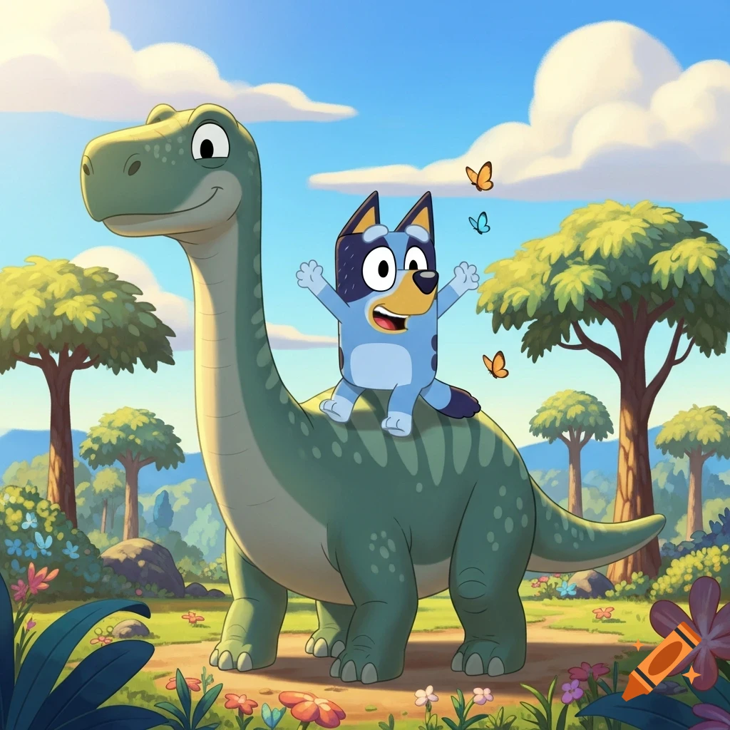 Bluey, the blue dog, rides a smiling green dinosaur through a vibrant cartoon landscape with trees, flowers, and butterflies under a blue sky.