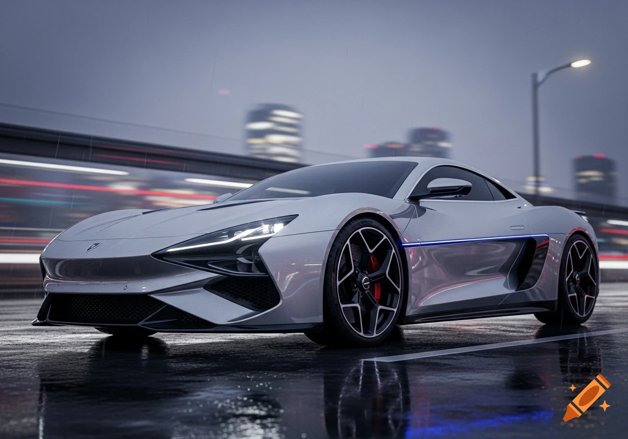 A sleek silver sports car with glowing headlights sits on a wet city ...