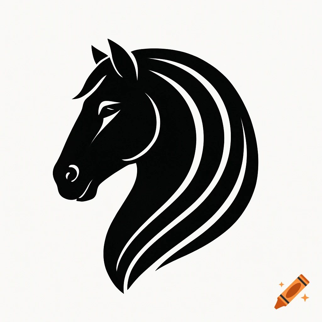 Black stylized horse head logo with a flowing mane in profile.