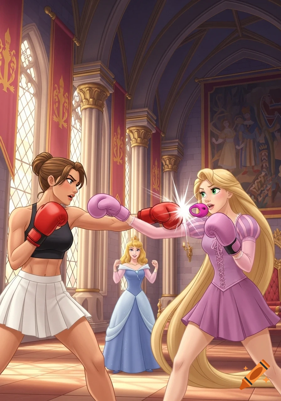 Cartoon of a female boxer punching Princess Rapunzel, while Princess Aurora cheers in a castle throneroom.