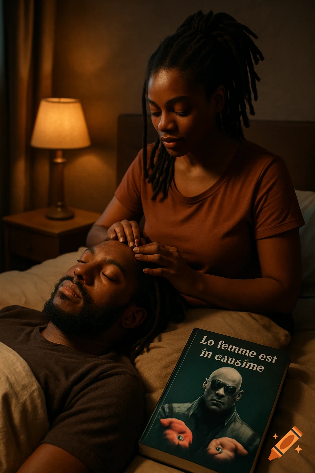 A woman with dreadlocks massages a man's forehead as he lies in bed. A book with Morpheus on the cover and garbled text rests nearby.