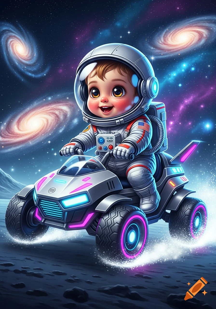 Cute toddler astronaut in a silver suit rides a futuristic space rover ...