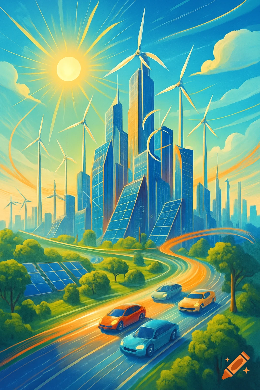 Vibrant stylized painting of a sustainable city with skyscrapers, wind turbines, solar panels, and cars on a highway under a bright sun.
