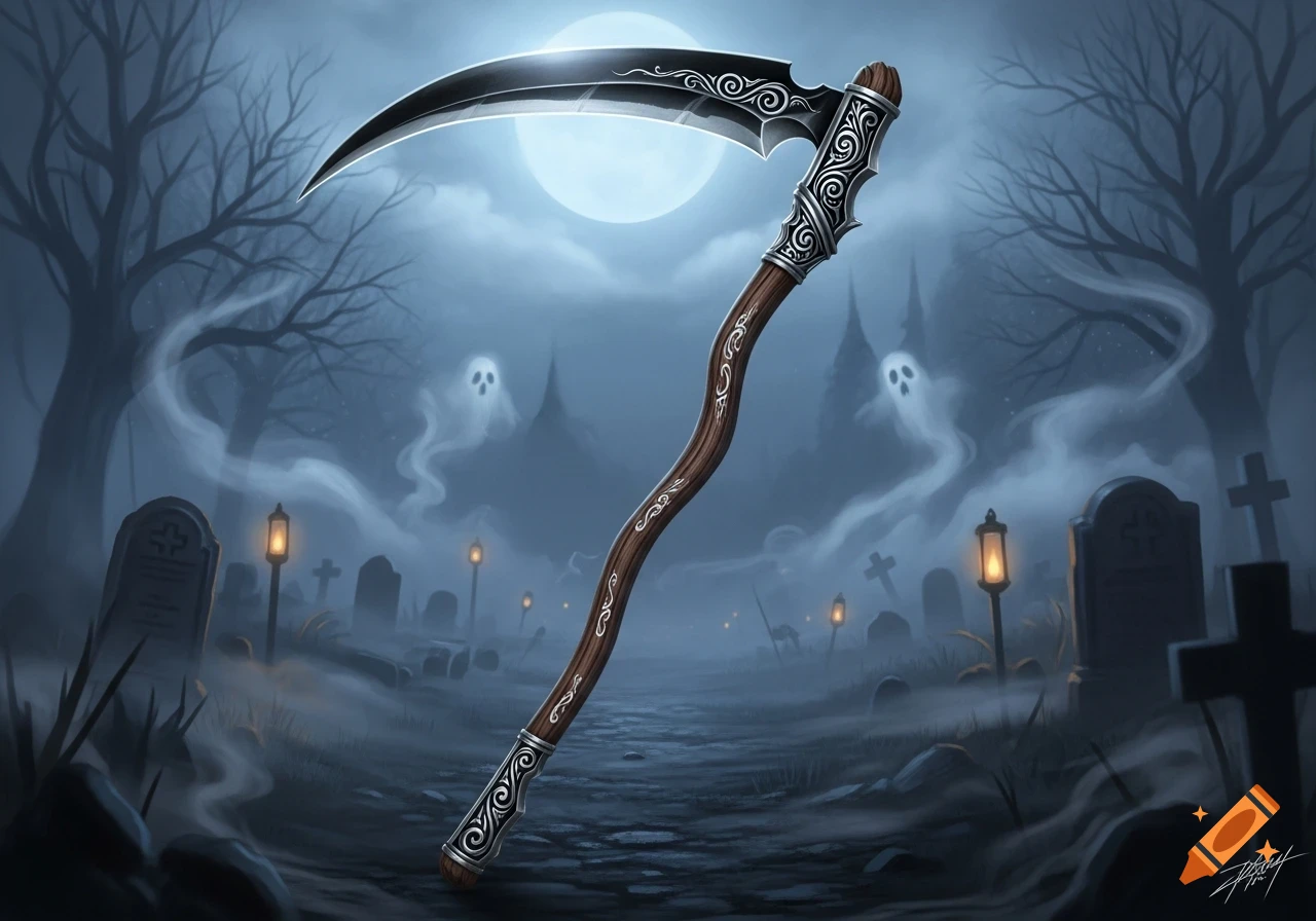 A stylized scythe stands in a foggy, moonlit graveyard with ghostly figures and bare trees.