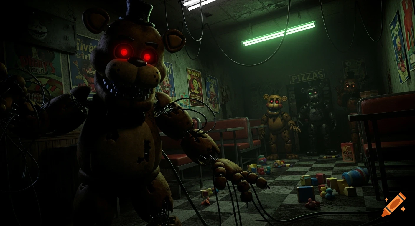 A dark, eerie room with menacing animatronics; one in the foreground with glowing red eyes and exposed wires, and others in the background.