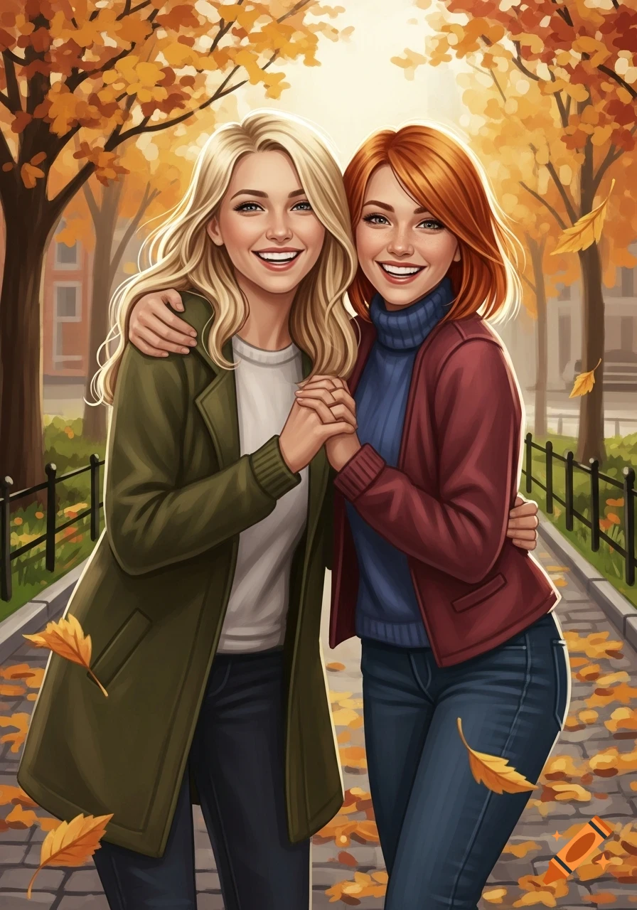 Two smiling women, one blonde and one redhead, walk arm-in-arm through an autumn park filled with colorful leaves.
