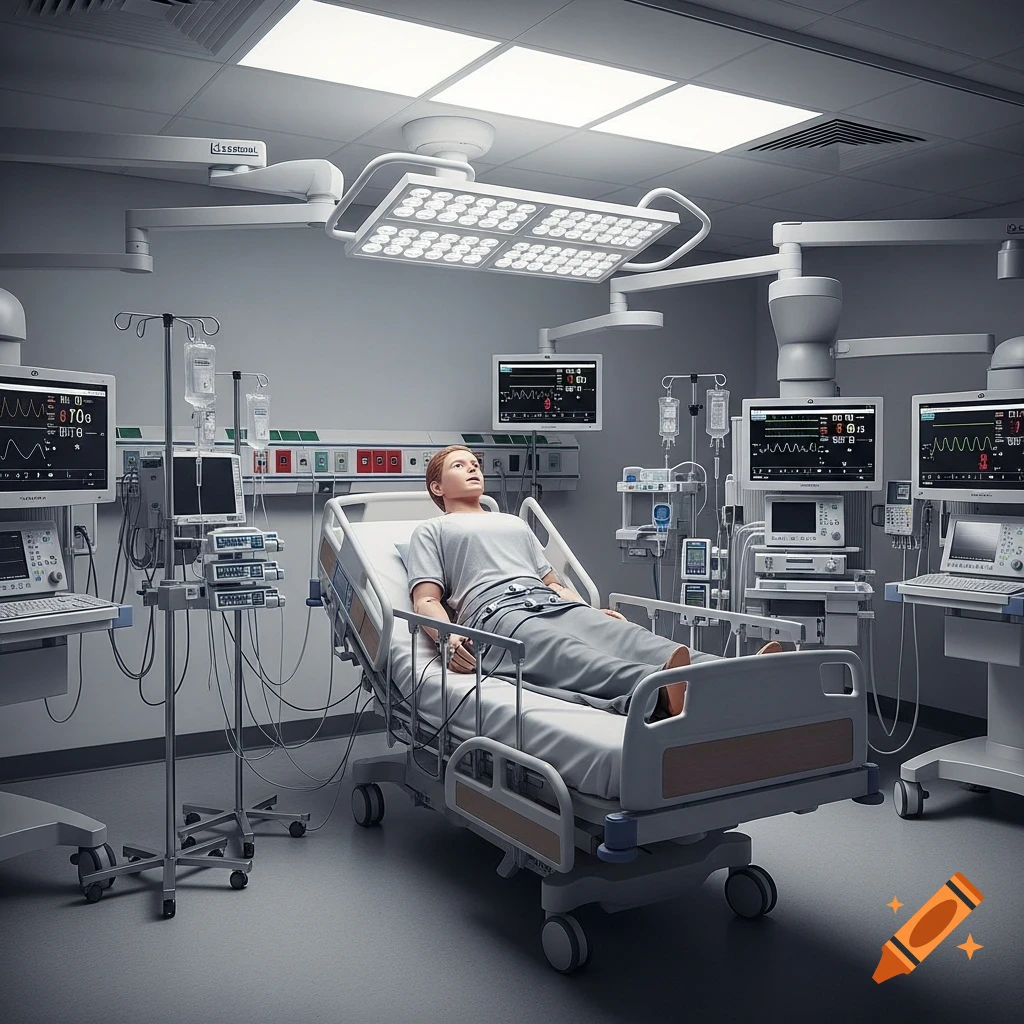 A photorealistic image of a patient simulator lying on a hospital bed in a clinical simulation room with medical equipment and monitors.