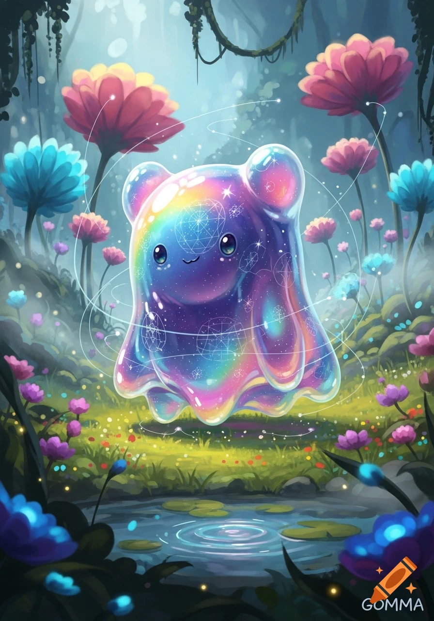 A cute, rainbow-colored, gelatinous creature with large eyes floats in an enchanted forest filled with vibrant flowers and glowing particles.