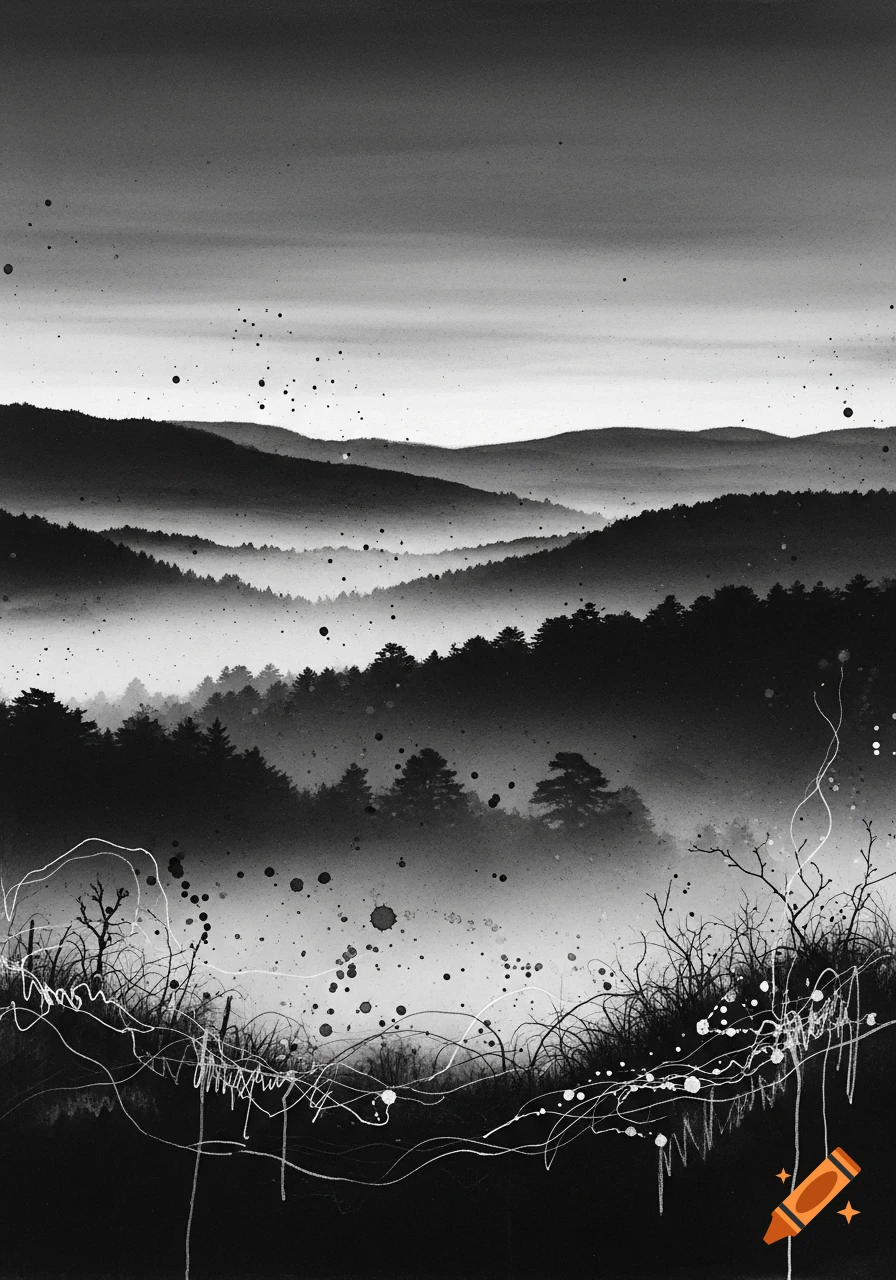 Black and white mixed media painting of a misty mountain landscape at dusk, with abstract lines and paint splatters.