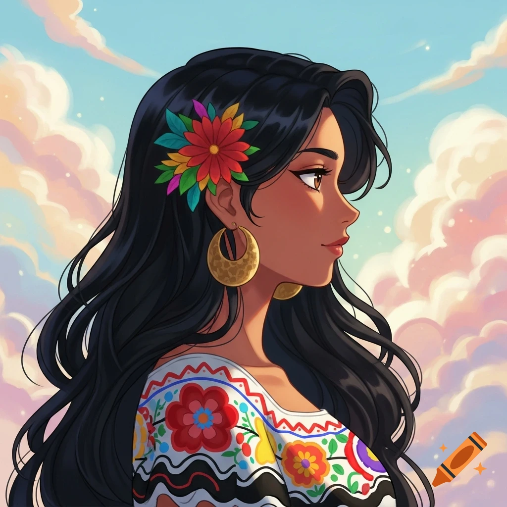 Anime profile of a Latina woman with black hair, a colorful flower, gold earrings, and an embroidered top against a cloudy sky.