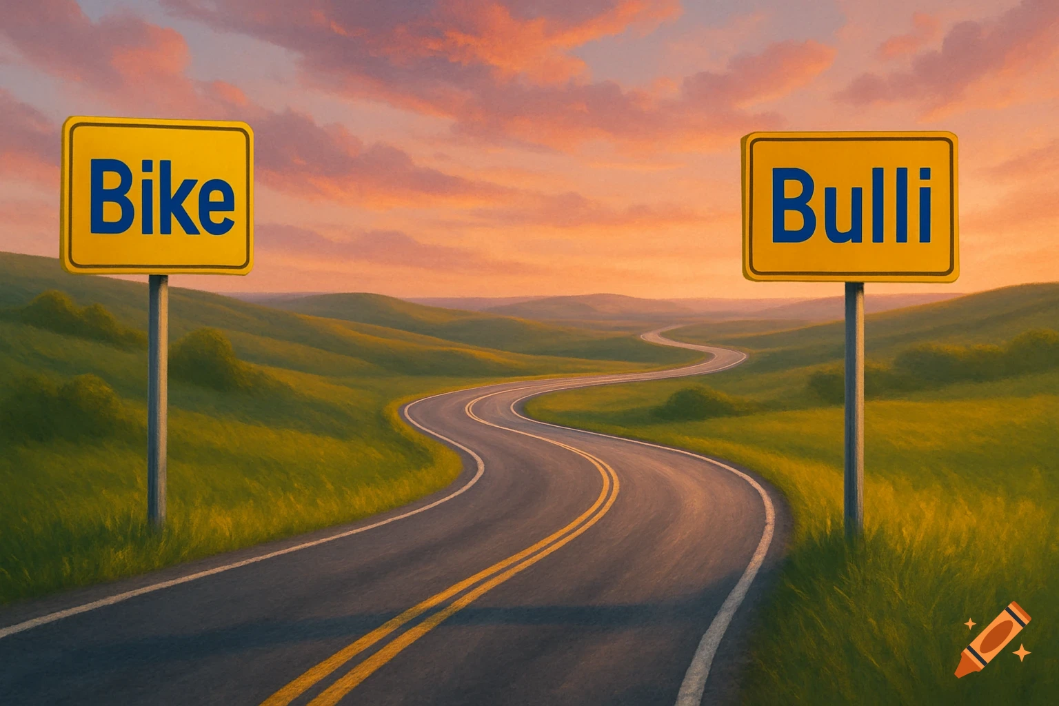 A winding road snakes through green rolling hills under a sunset sky, with yellow signs for 'Bike' and 'Bulli' on either side.