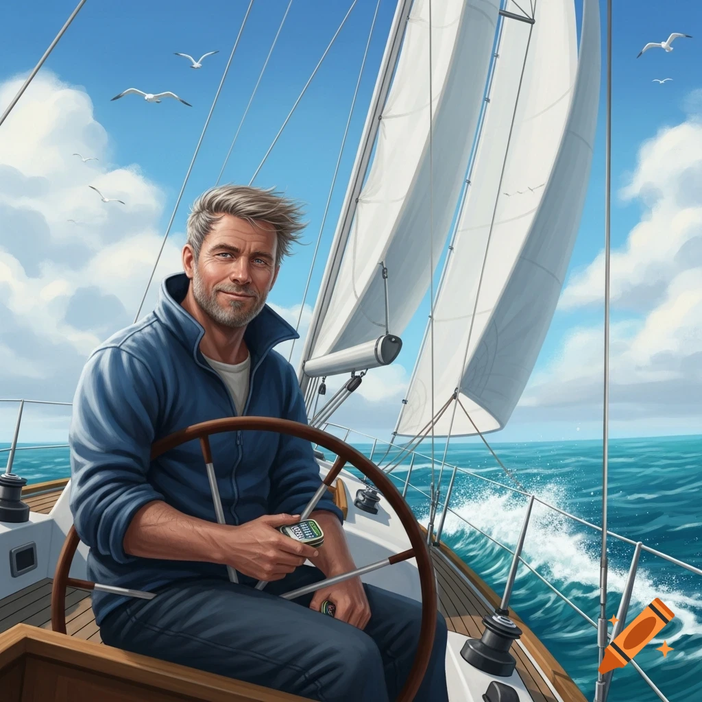 A bearded man with gray hair in a blue jacket steers a sailboat on a sunny, wavy ocean, with sails unfurled and gulls flying.