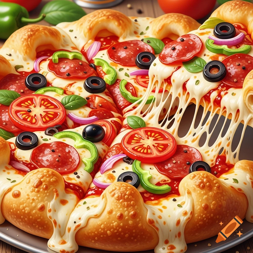 A close-up of a pepperoni, olive, and vegetable-topped pizza with a thick, cheesy stuffed crust, with a slice being pulled, showing gooey cheese.