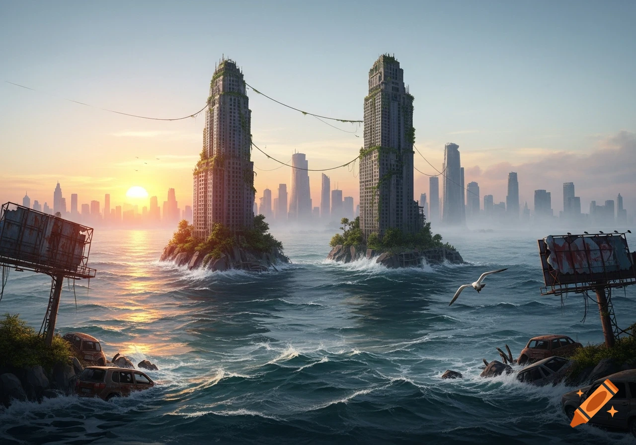 A post-apocalyptic flooded cityscape at sunset, with two tall, overgrown buildings standing in the ocean, and submerged cars near ruined billboards in the foreground.