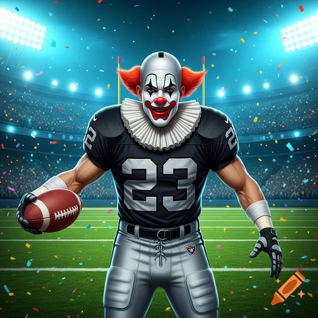 A smiling clown with orange hair and a ruffled collar in a black and silver number 23 football uniform holds a football in a stadium with confetti falling.
