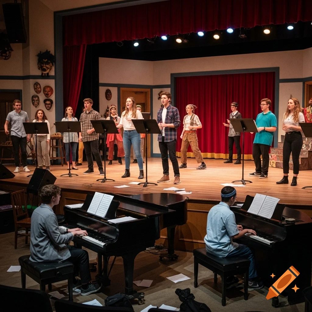 Students perform a musical on a stage, some singing into microphones, two playing grand pianos in the foreground.