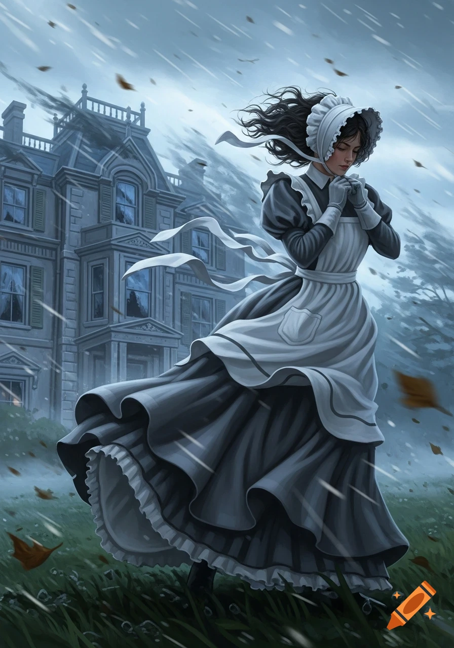 Illustrated Victorian maid in a bonnet and uniform stands outside a grand mansion in a stormy wind.
