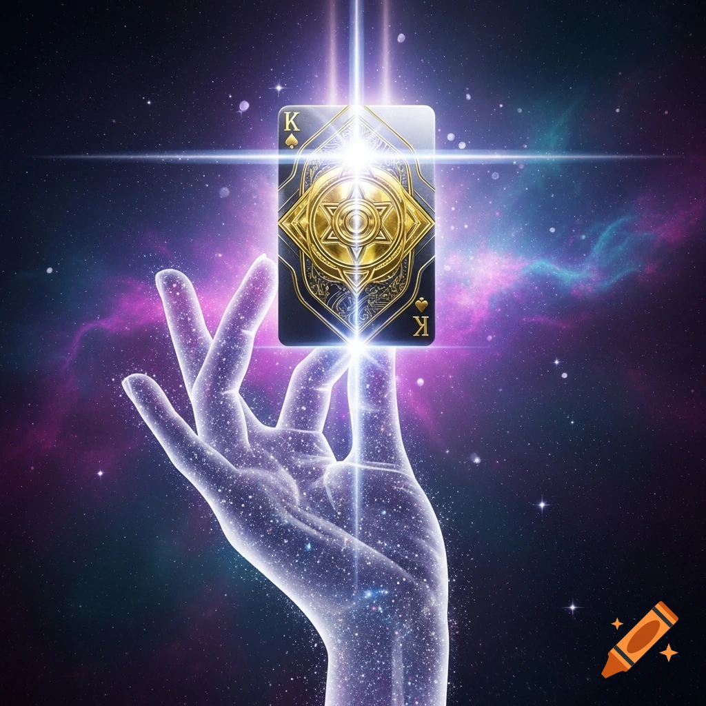 Ethereal glowing hand holding a King of Spades playing card against a cosmic nebula background.