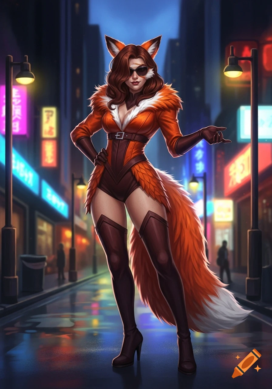 A confident woman in a fox-like orange and brown outfit, sunglasses, and thigh-high boots poses on a rainy city street at night with neon lights.