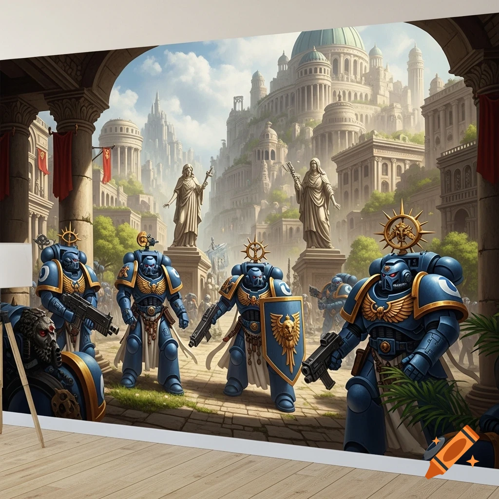 A mural depicting blue armored Warhammer 40k Ultramarines in a grand Roman-style city with statues and classical architecture under a cloudy sky.