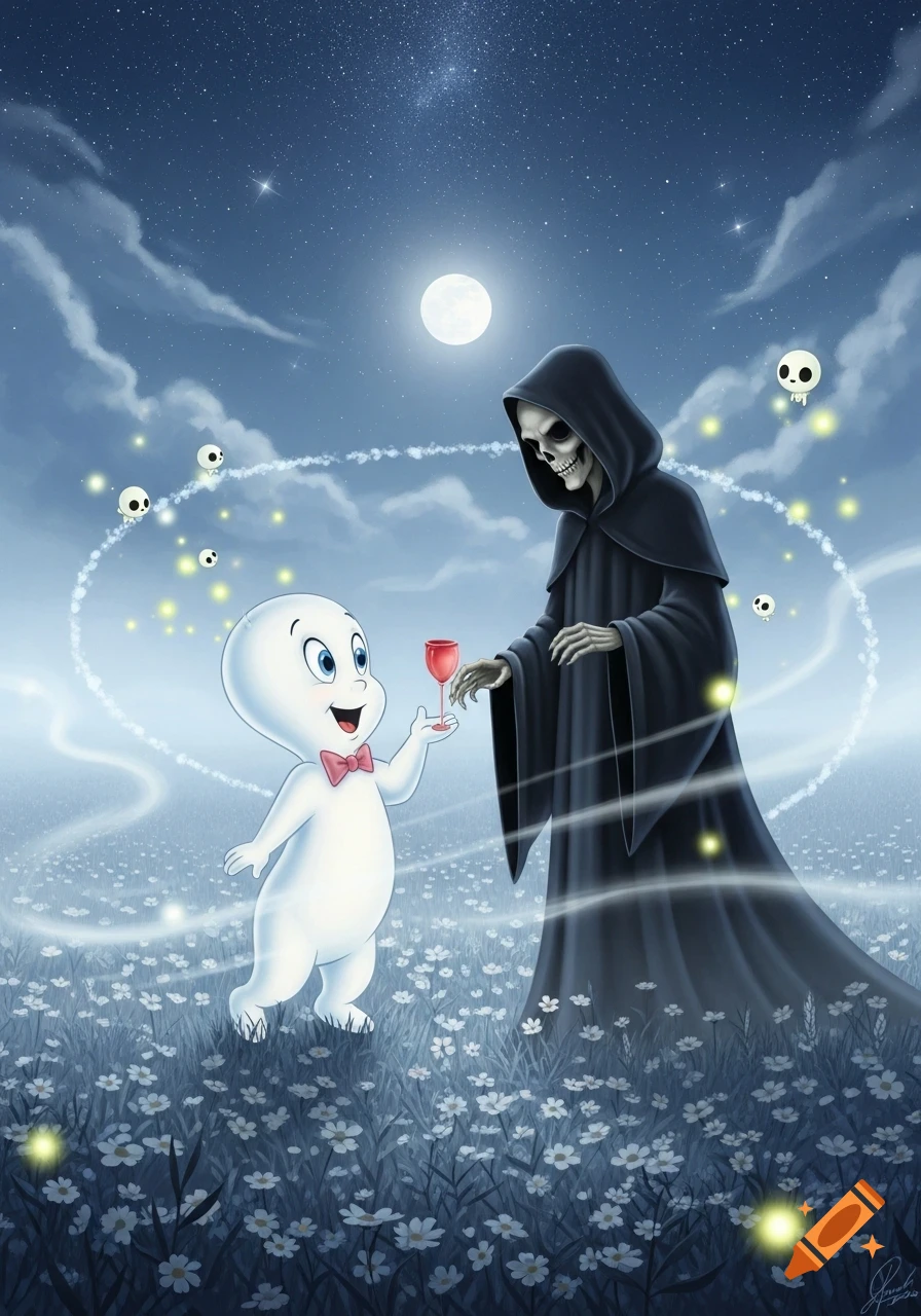 Cartoon Casper and the Grim Reaper in a moonlit field of flowers. The Reaper offers Casper a red goblet. A whimsical night scene.