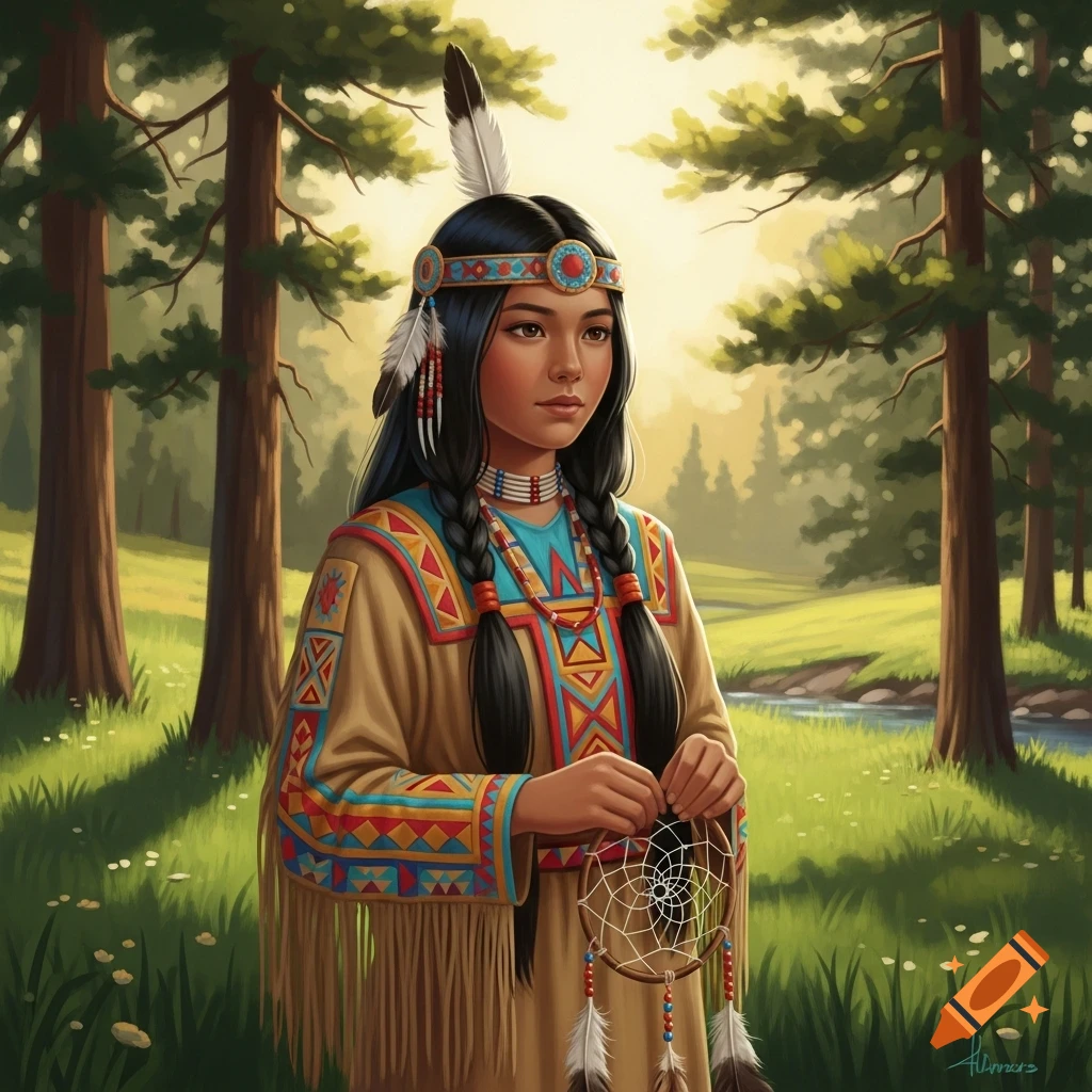 Illustrative painting of a young Native American girl in traditional clothing, with braided hair and a feather, holding a dreamcatcher in a sunlit forest.