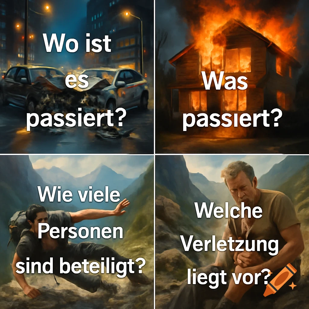 A four-panel image illustrating emergency situations with German questions: a car crash, a burning house, a distressed person in mountains, and an injured person.