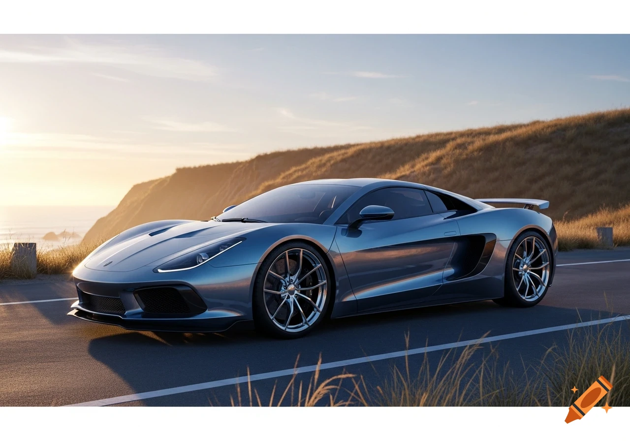 A sleek silver sports car is parked on a coastal road during sunset, with rolling hills in the background.