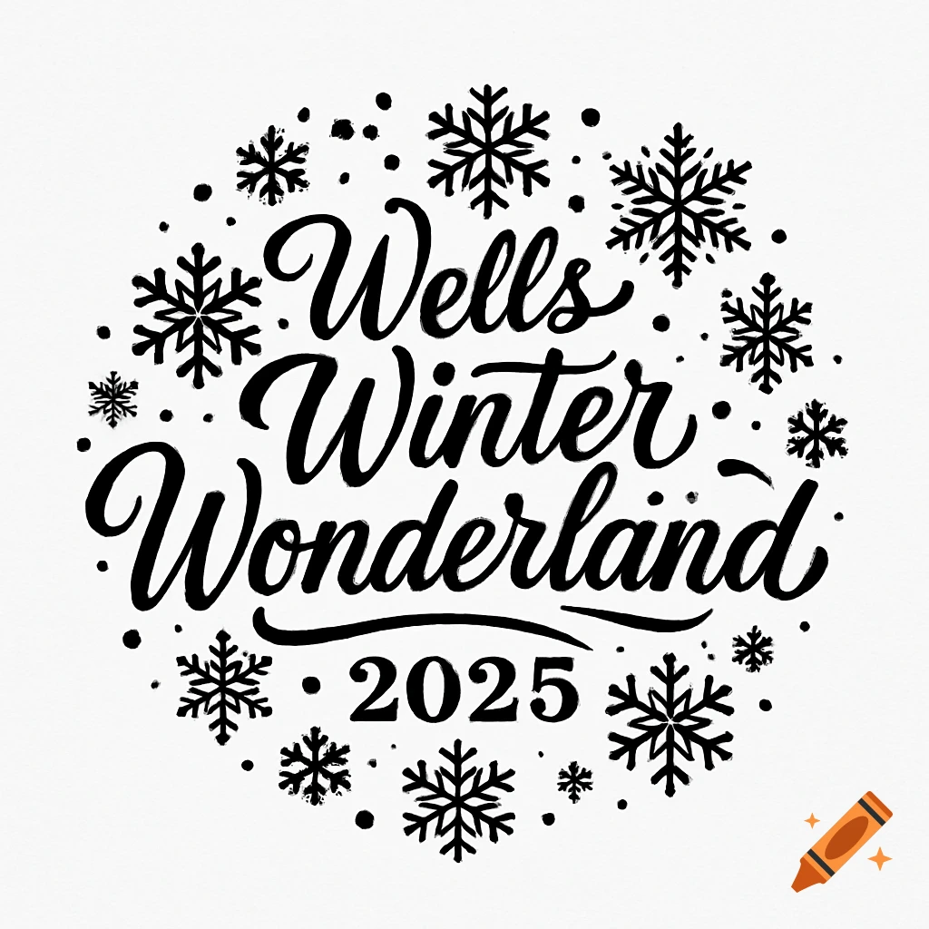 Black-and-white script logo 'Wells Winter Wonderland 2025' with decorative snowflakes.