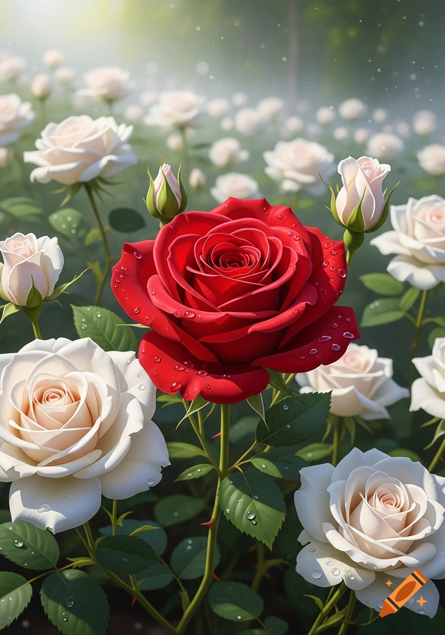 A vibrant red rose covered in water droplets stands out among a field of white roses, bathed in soft sunlight. Photorealistic style.