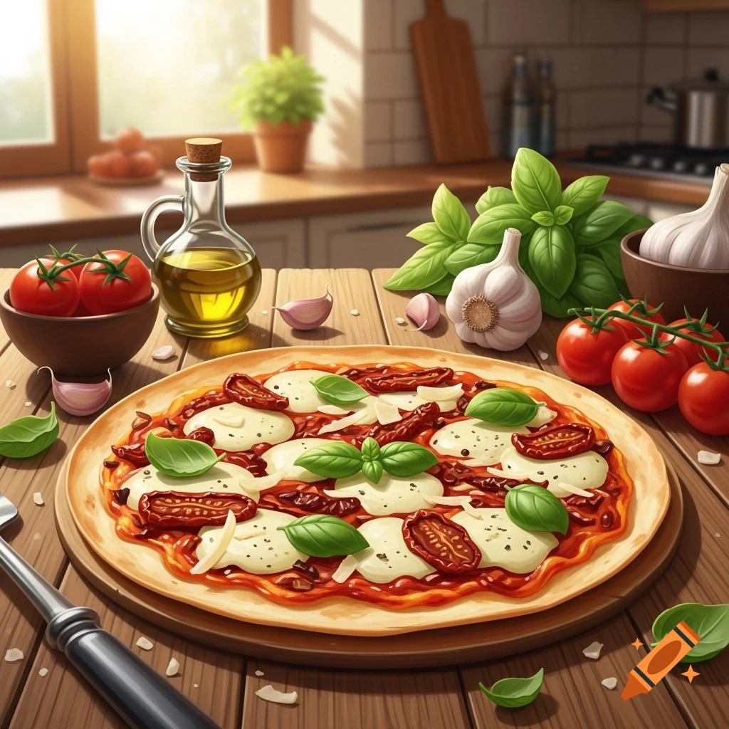 An appetizing pizza topped with sun-dried tomatoes, mozzarella, and fresh basil, surrounded by ingredients in a sunlit kitchen.